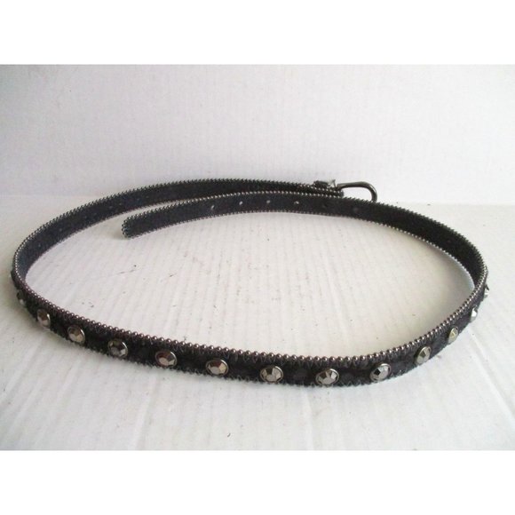 *Retro Black Leather Belt Shimmer Pony Hair Faceted Faux Gem Stone Accents